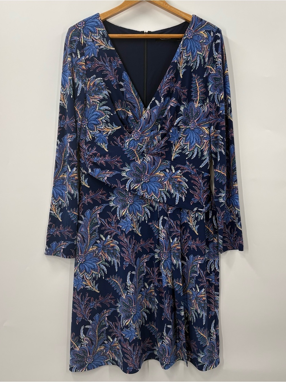 Lauren Ralph Lauren New Navy Floral Long-Sleeve Faux Wrap Dress | 10